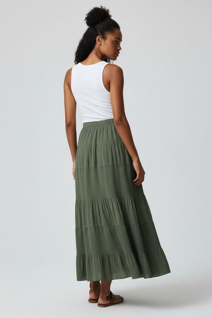 Jupe Longue Vert Kaki Plissée Fluide