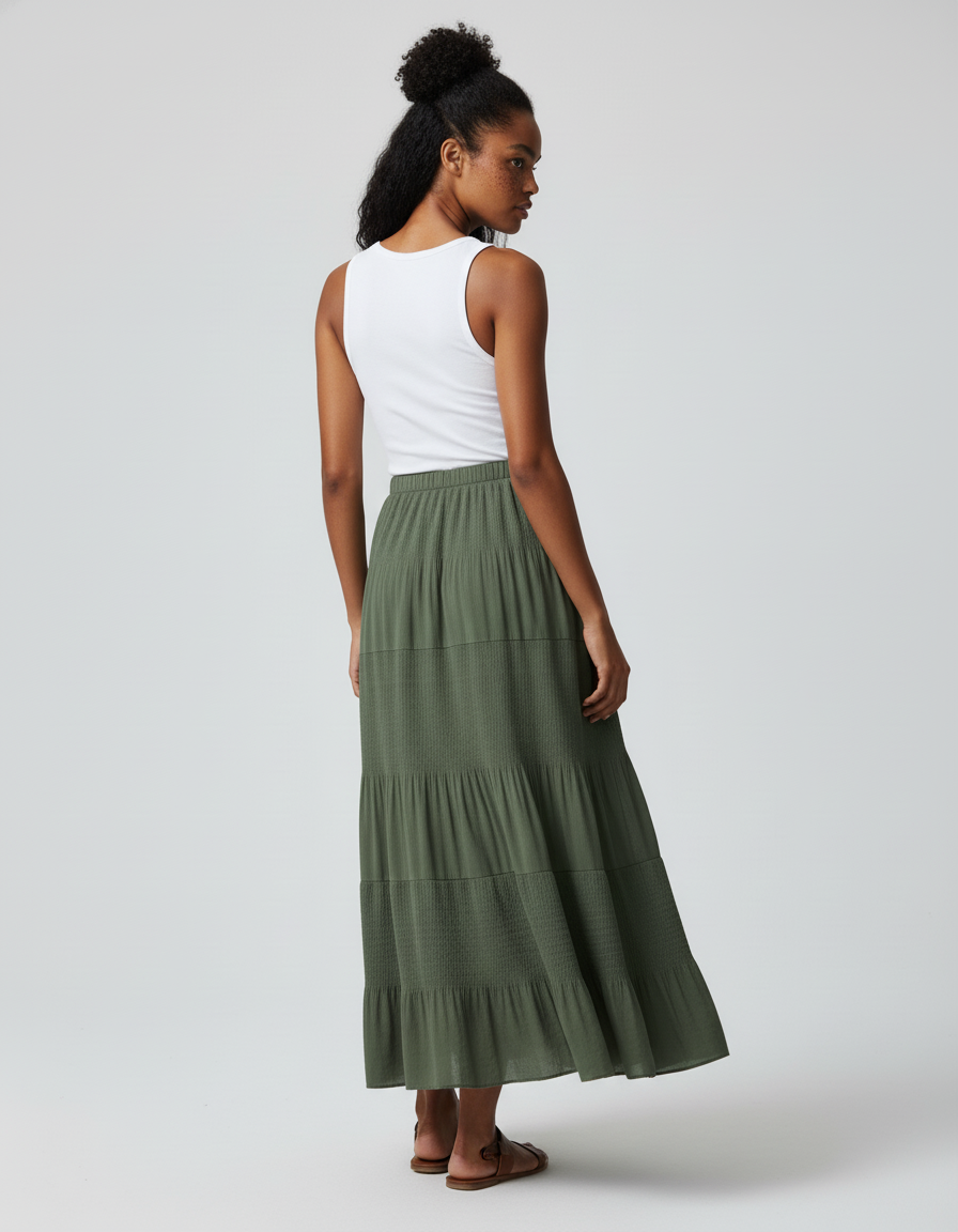 Jupe Longue Vert Kaki Plissée Fluide