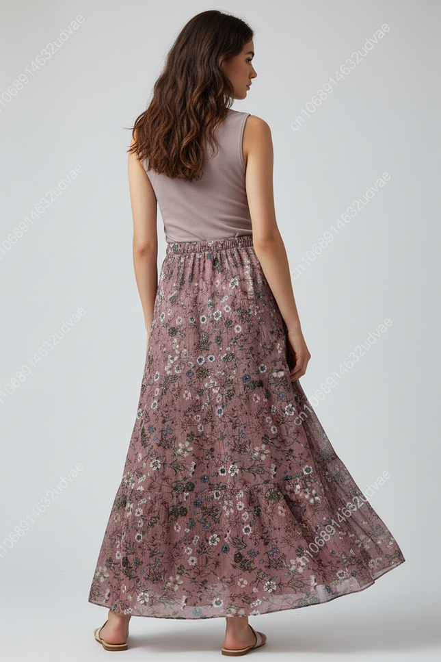 Jupe Longue Chiffon Fleurie Plissée