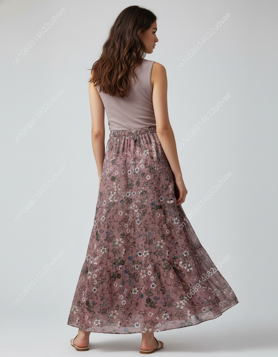 Jupe Longue Chiffon Fleurie Plissée