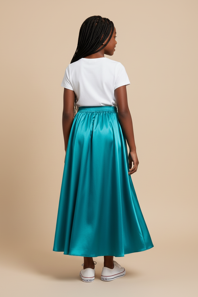 Jupe Longue Turquoise Satin Fluide