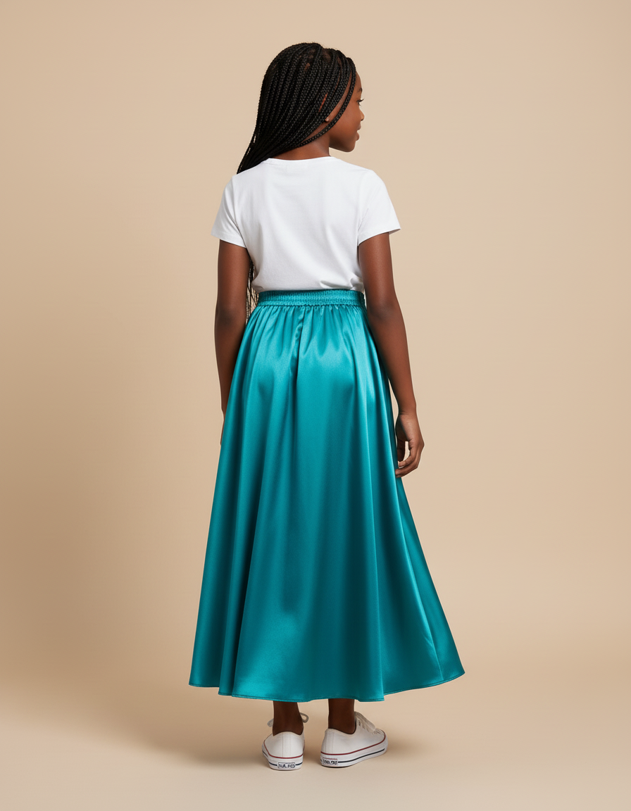 Jupe Longue Turquoise Satin Fluide