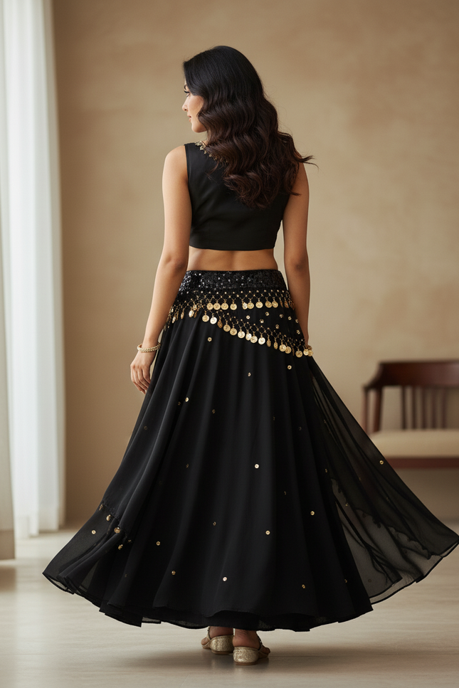 Jupe Longue Noire Fluide Sequins Dorés