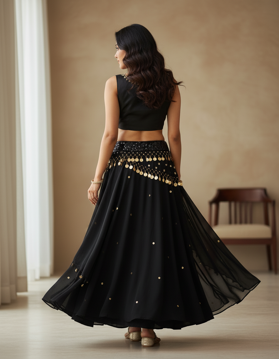 Jupe Longue Noire Fluide Sequins Dorés