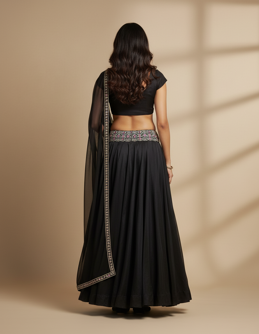 Jupe Longue Noire Fendue Broderie Dorée Élégante