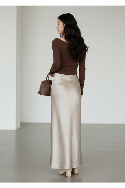 Jupe Longue Satin Champagne Élégante