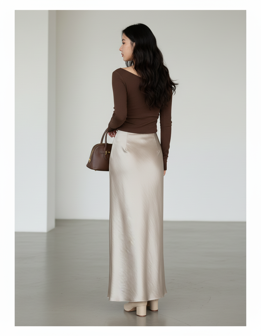 Jupe Longue Satin Champagne Élégante