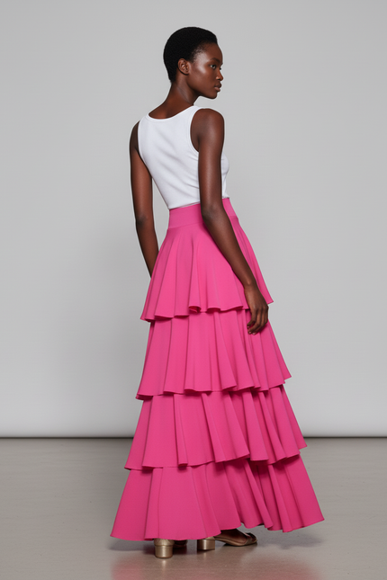 Jupe Longue Rose Fuchsia À Volants Élégante