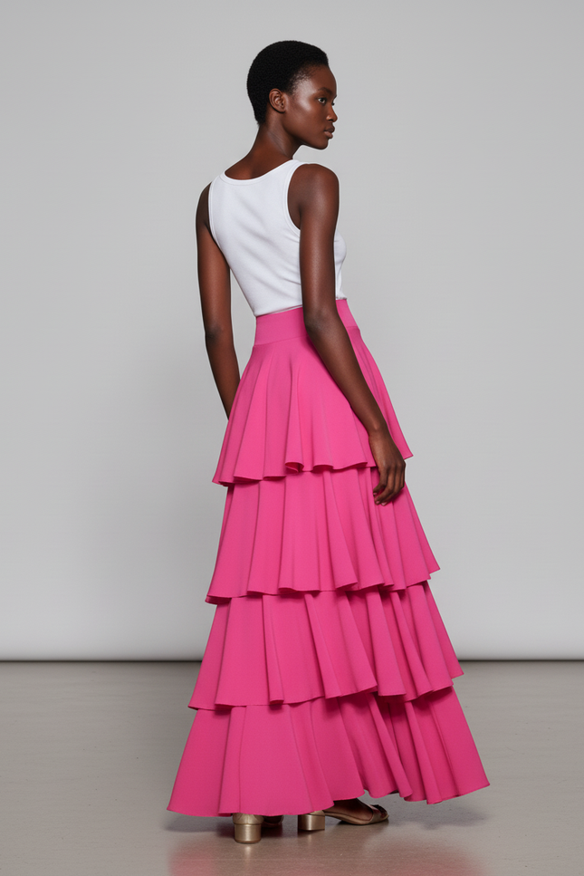 Jupe Longue Rose Fuchsia À Volants Élégante