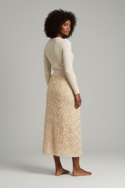 Jupe Longue Crème Roses 3D Élégante