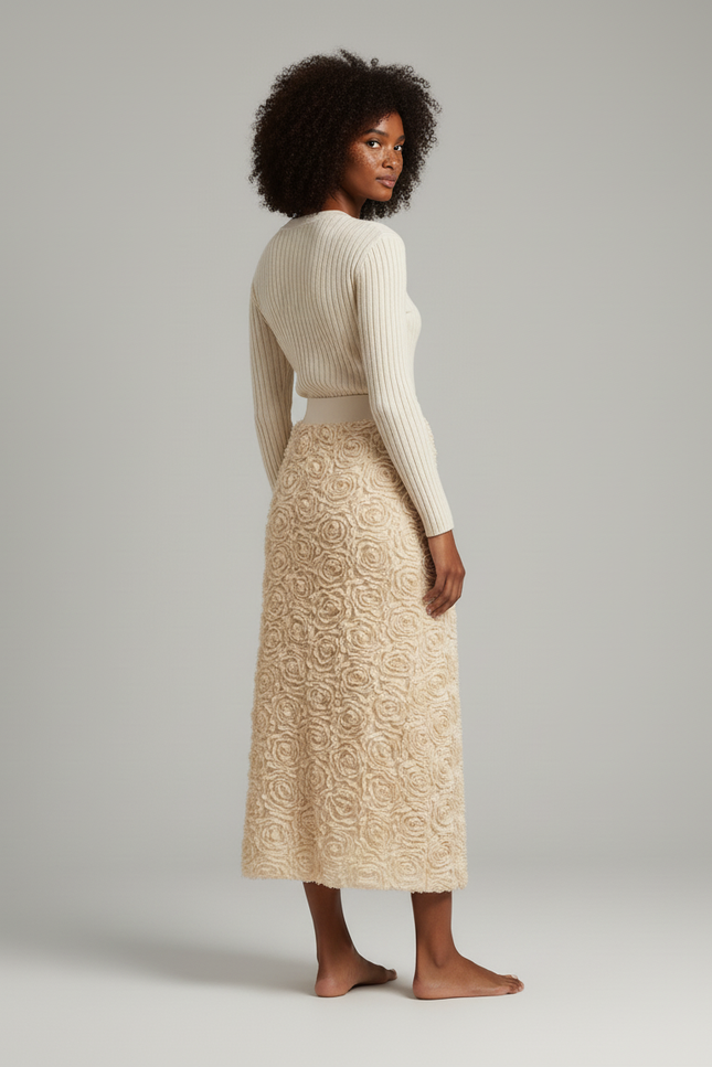 Jupe Longue Crème Roses 3D Élégante