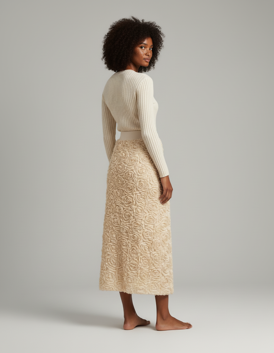 Jupe Longue Crème Roses 3D Élégante