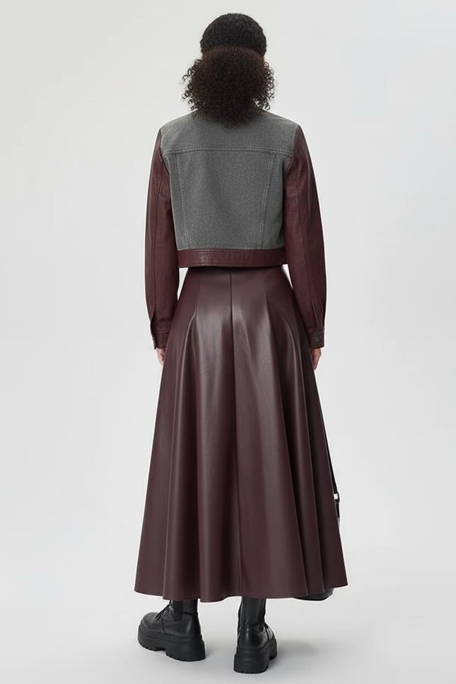 Jupe Longue Simili Cuir Bordeaux