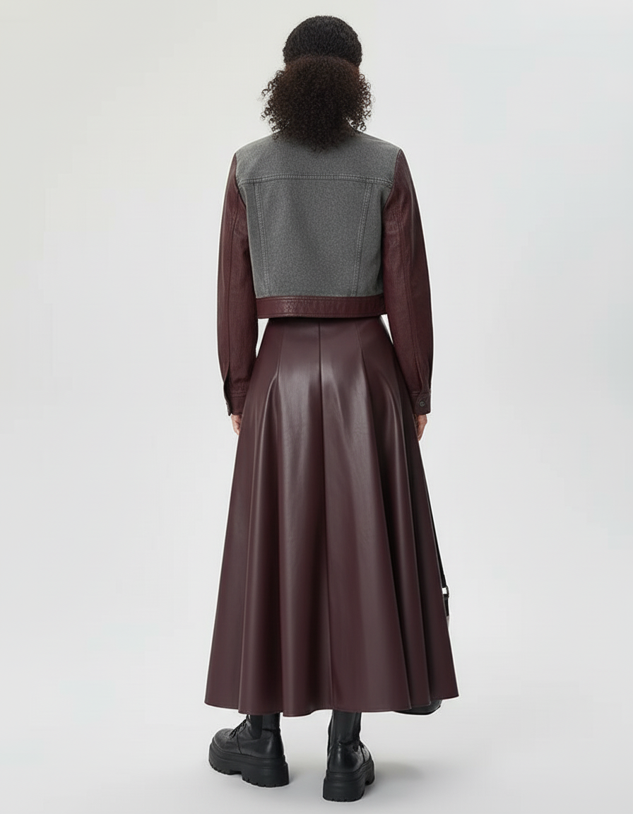 Jupe Longue Simili Cuir Bordeaux