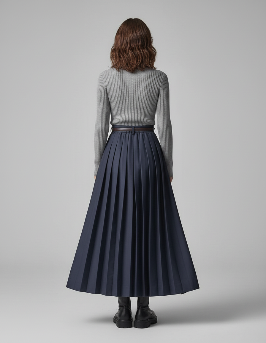 Jupe Longue Bleu Marine Plissée Élégante