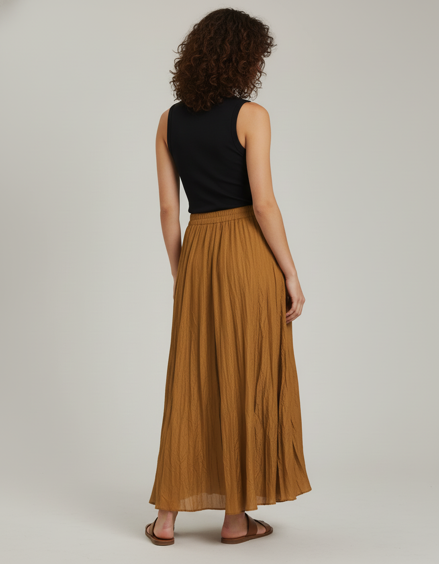 Jupe Longue Camel Plissée Fluide
