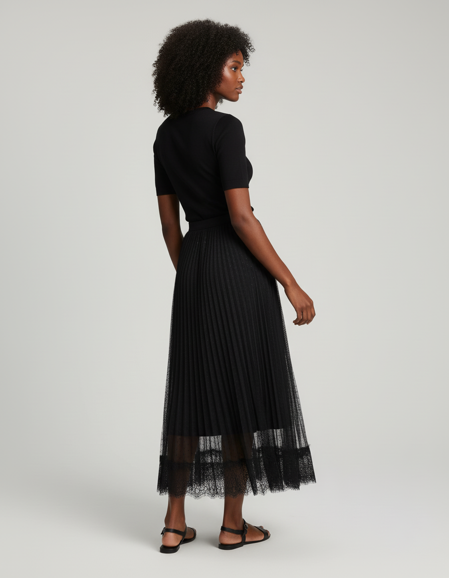 Jupe Longue Plissée Noire Transparente