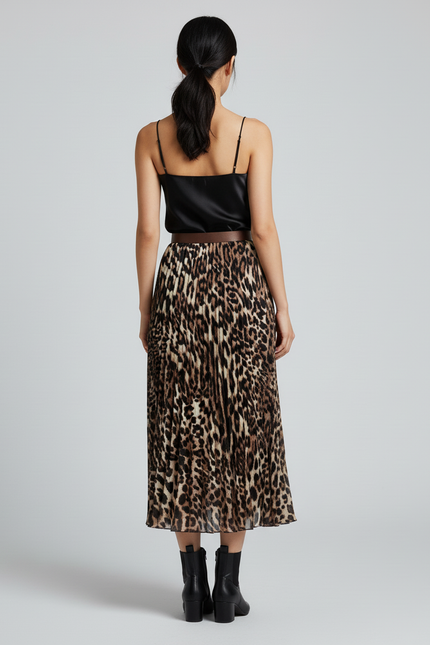 Jupe Longue Imprimé Léopard Plissée Élégante