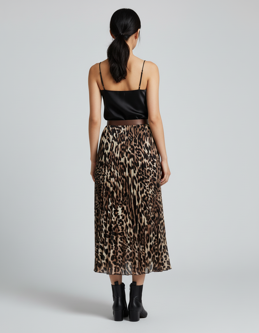 Jupe Longue Imprimé Léopard Plissée Élégante
