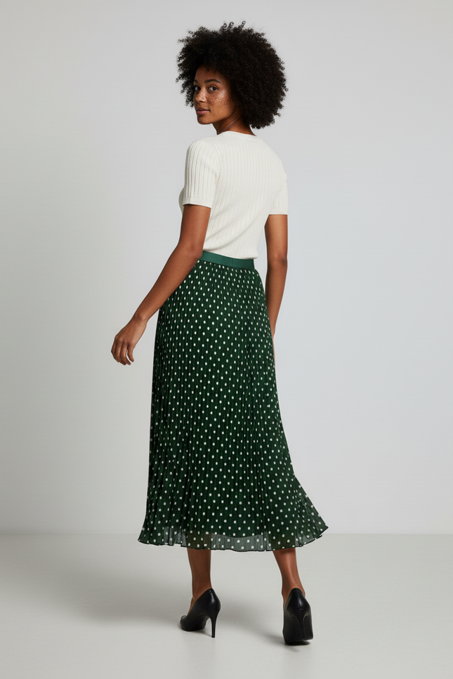 Jupe Longue Verte À Pois Plissée