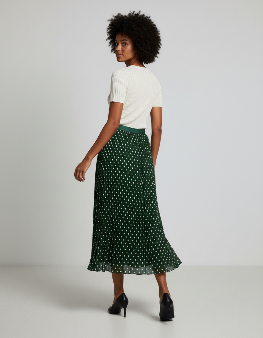 Jupe Longue Verte À Pois Plissée