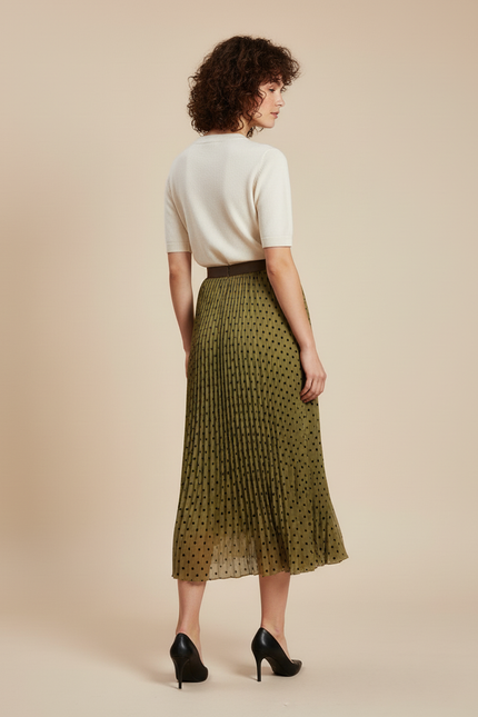 Jupe Longue Kaki À Pois Plissée Élégante