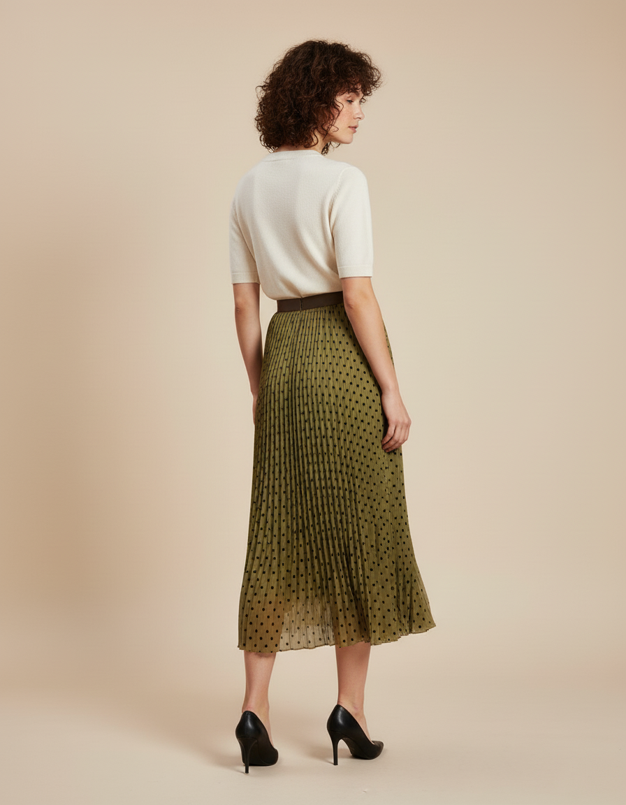 Jupe Longue Kaki À Pois Plissée Élégante