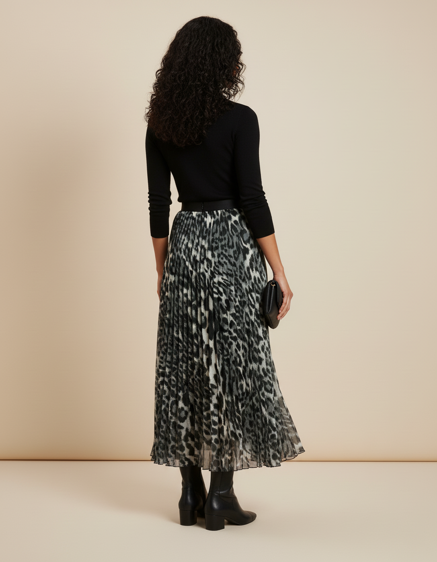 Jupe Longue Plissée Léopard Élégante
