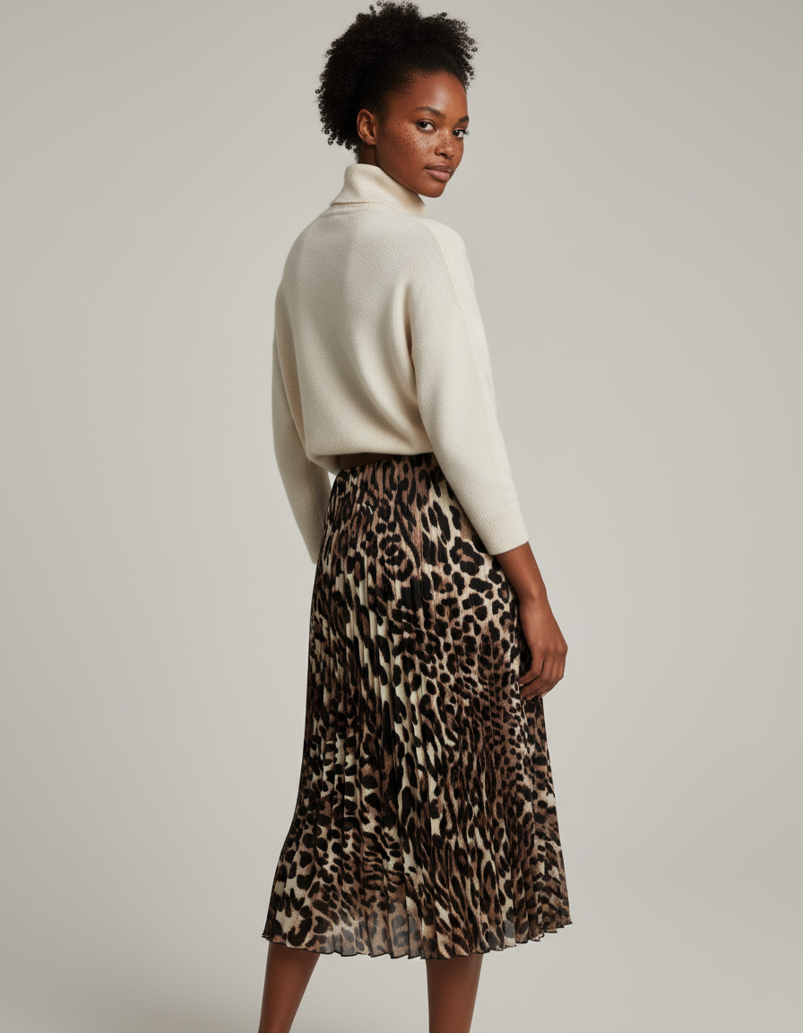 Jupe Longue Imprimé Léopard Plissée Chic