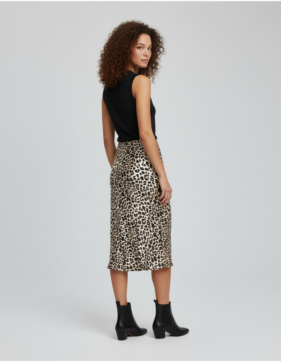 Jupe Longue Imprimé Léopard Satin Fluide