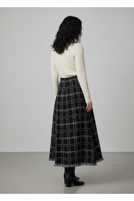Jupe Longue Noire Carreaux Franges Chic