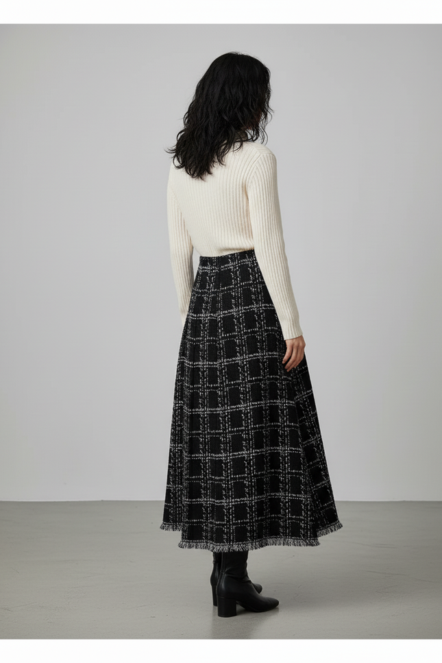 Jupe Longue Noire Carreaux Franges Chic