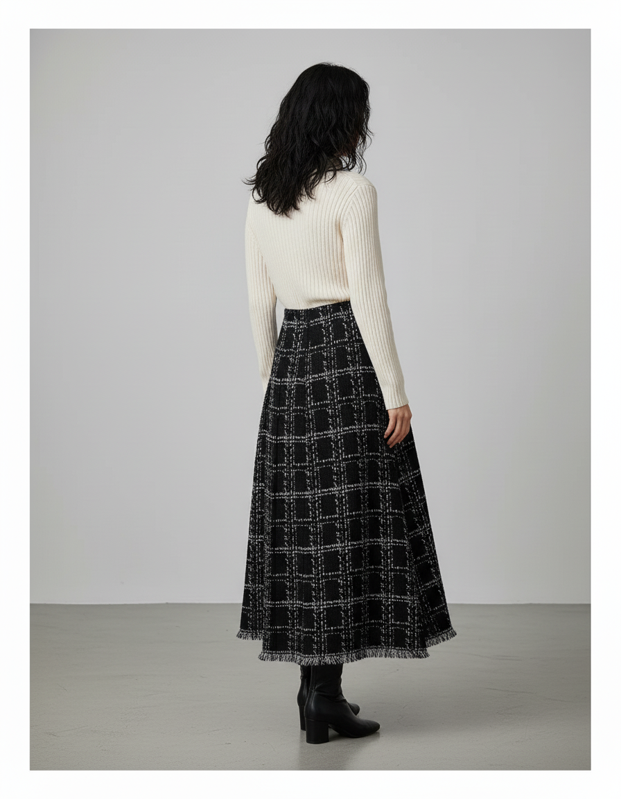 Jupe Longue Noire Carreaux Franges Chic