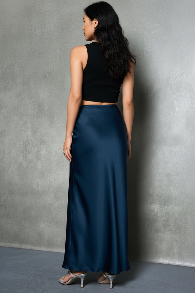 Jupe Longue Fluide Satin Bleu Nuit