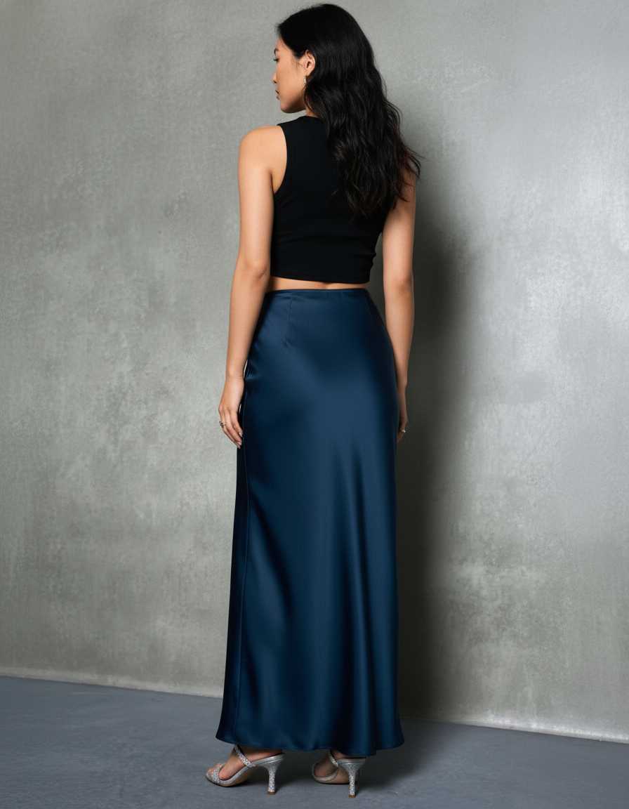 Jupe Longue Fluide Satin Bleu Nuit