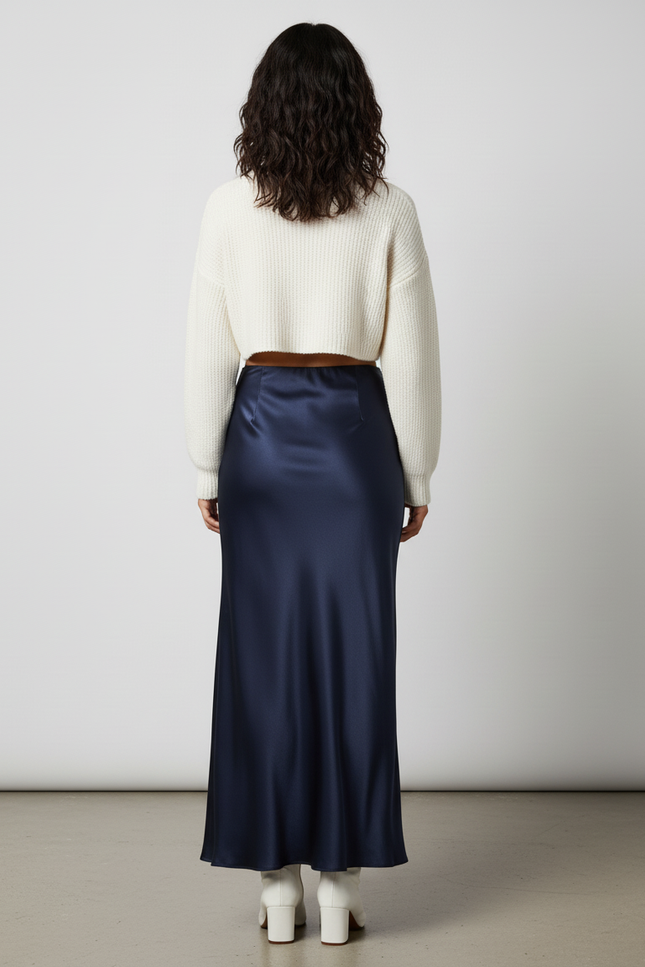 Jupe Longue Satin Bleu Marine