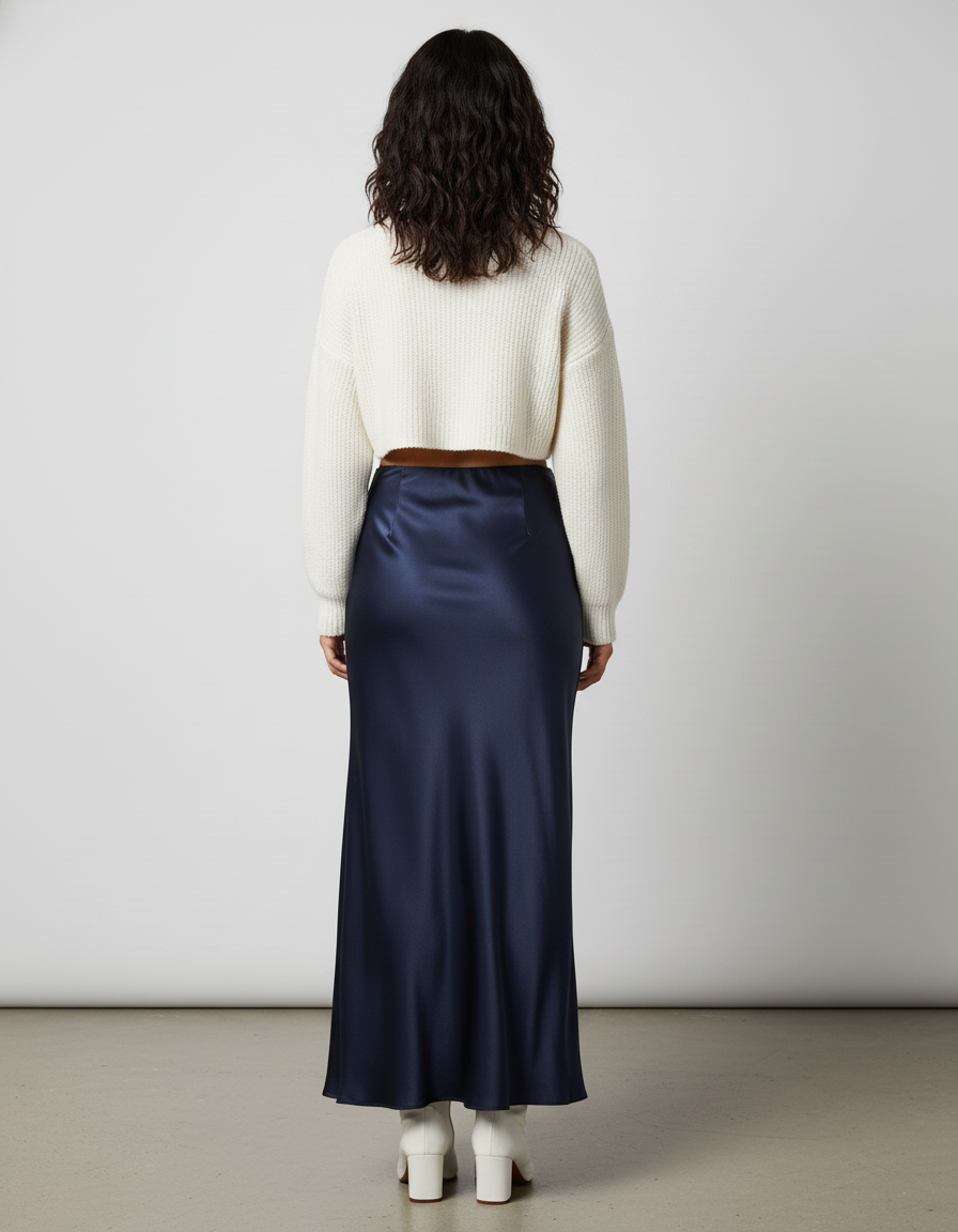 Jupe Longue Satin Bleu Marine