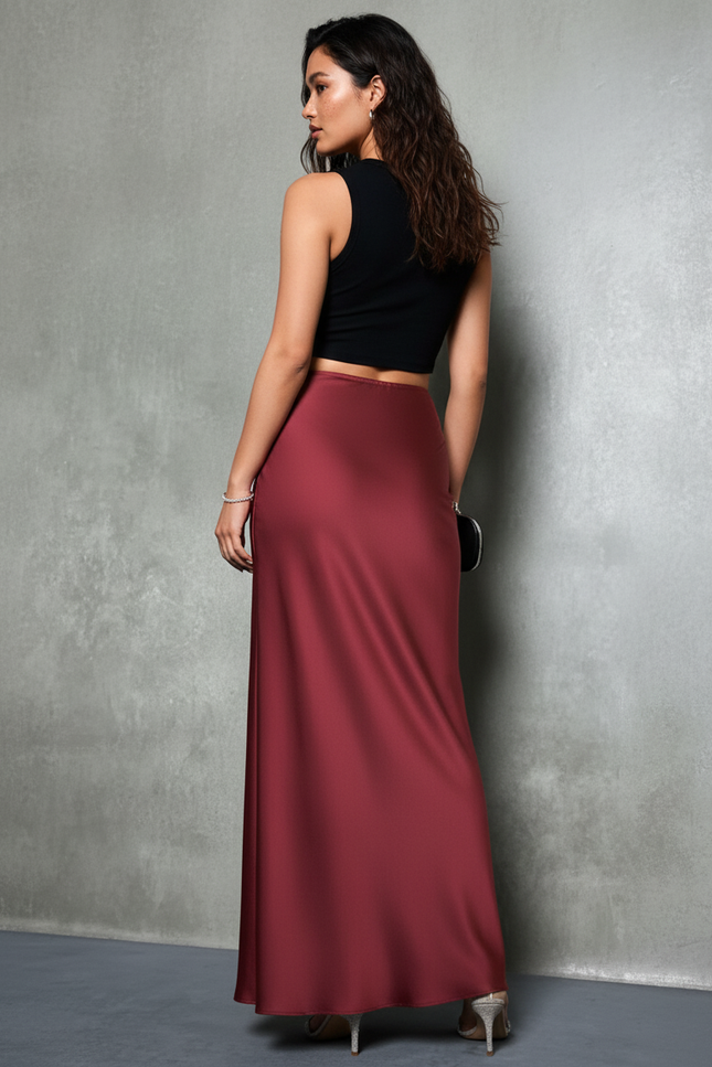 Jupe Longue Satin Bordeaux Fluide
