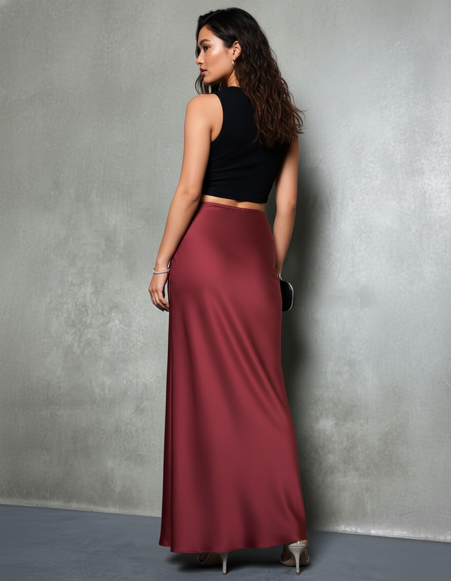 Jupe Longue Satin Bordeaux Fluide