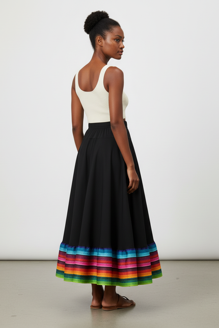 Jupe Longue Noire Rayures Colorées Fluide