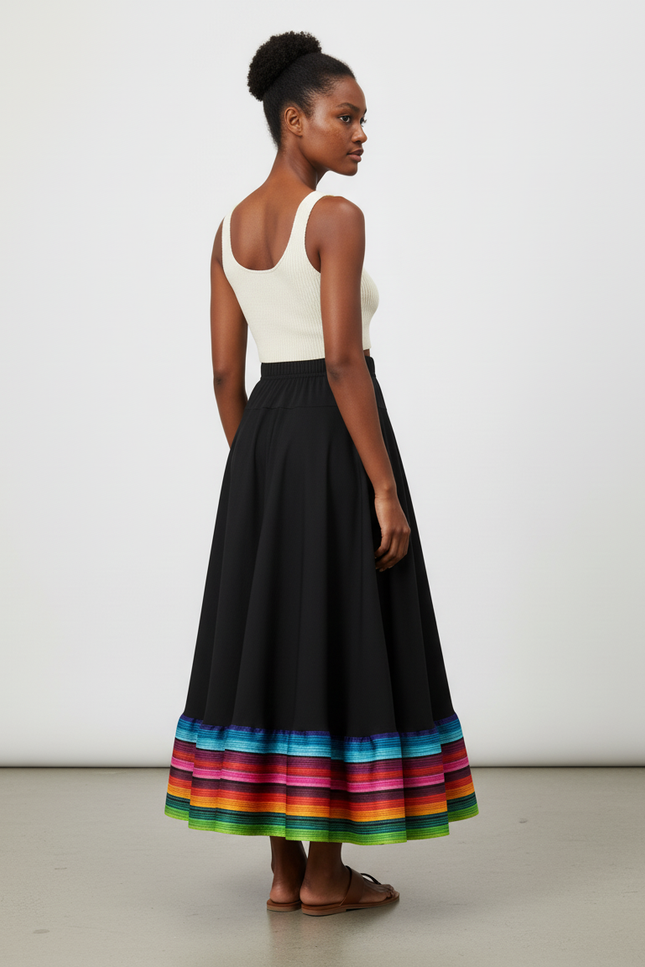 Jupe Longue Noire Rayures Colorées Fluide