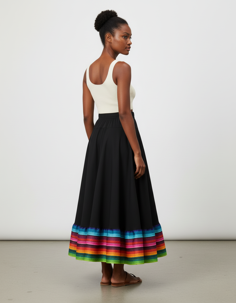 Jupe Longue Noire Rayures Colorées Fluide