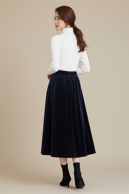 Jupe Longue Velours Bleu Nuit Élégante