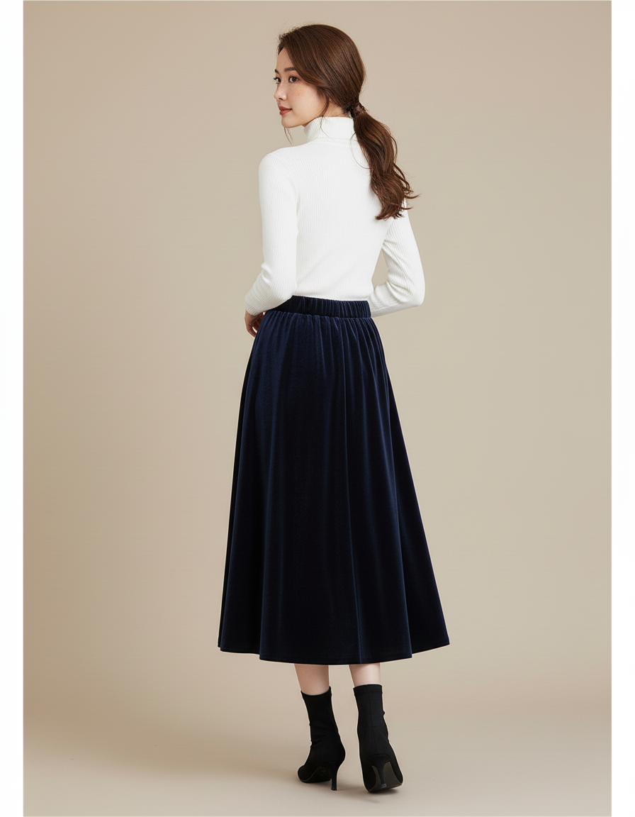 Jupe Longue Velours Bleu Nuit Élégante