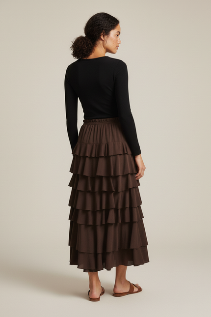 Jupe Longue Marron À Volants Fluide