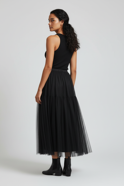 Jupe Longue Noire Tulle Plissée
