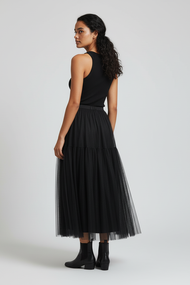 Jupe Longue Noire Tulle Plissée