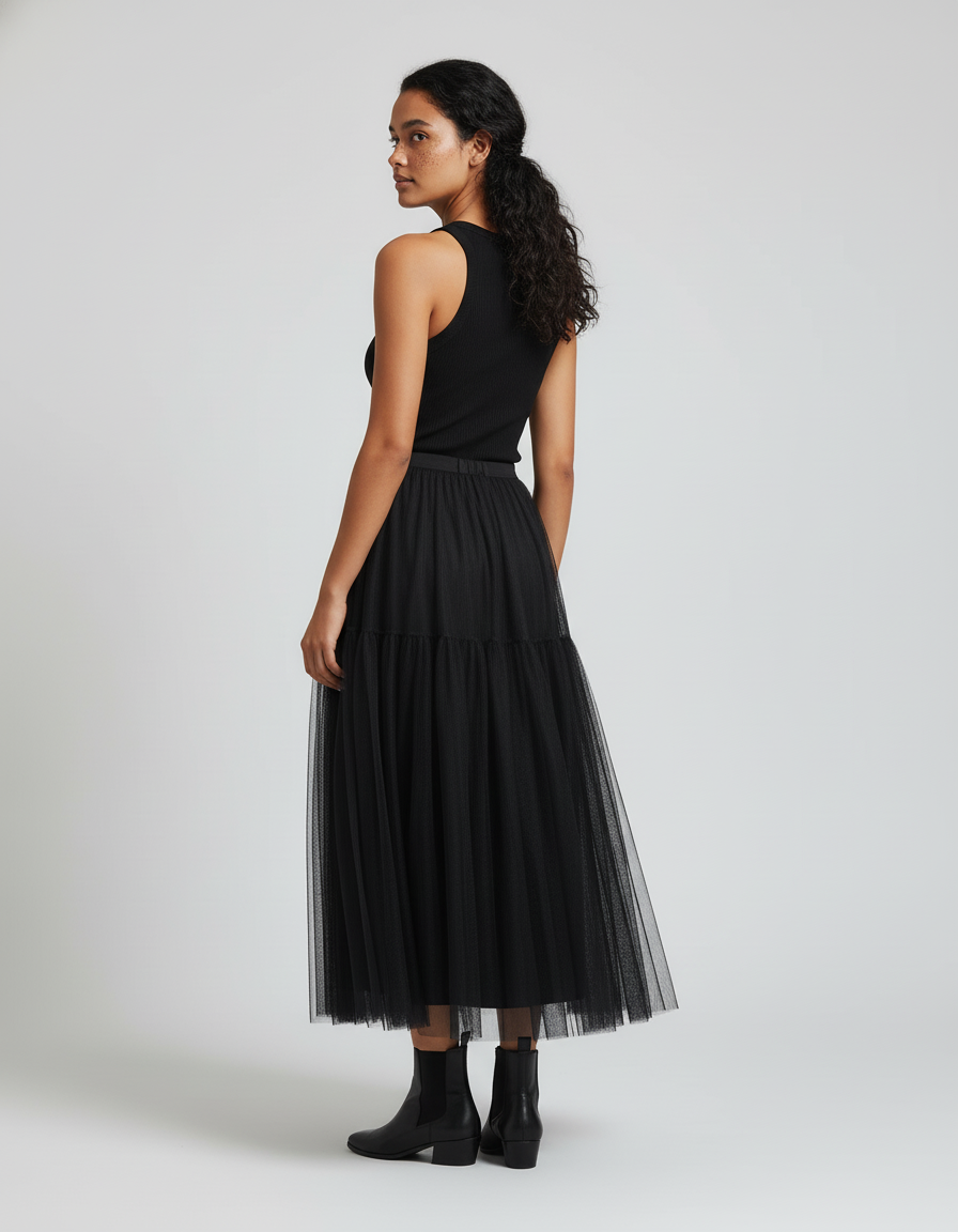 Jupe Longue Noire Tulle Plissée