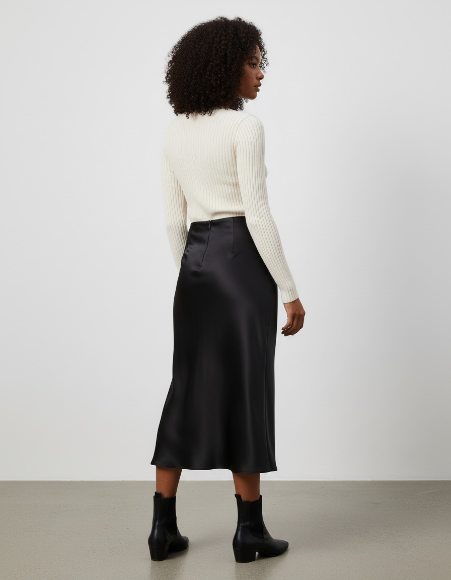 Jupe Longue Noire Satinée Élégante Soirée