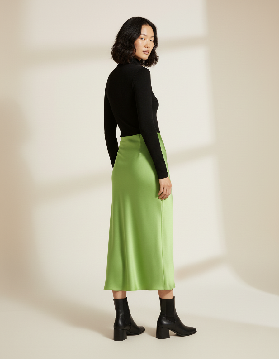 Jupe Longue Satin Verte Fluide